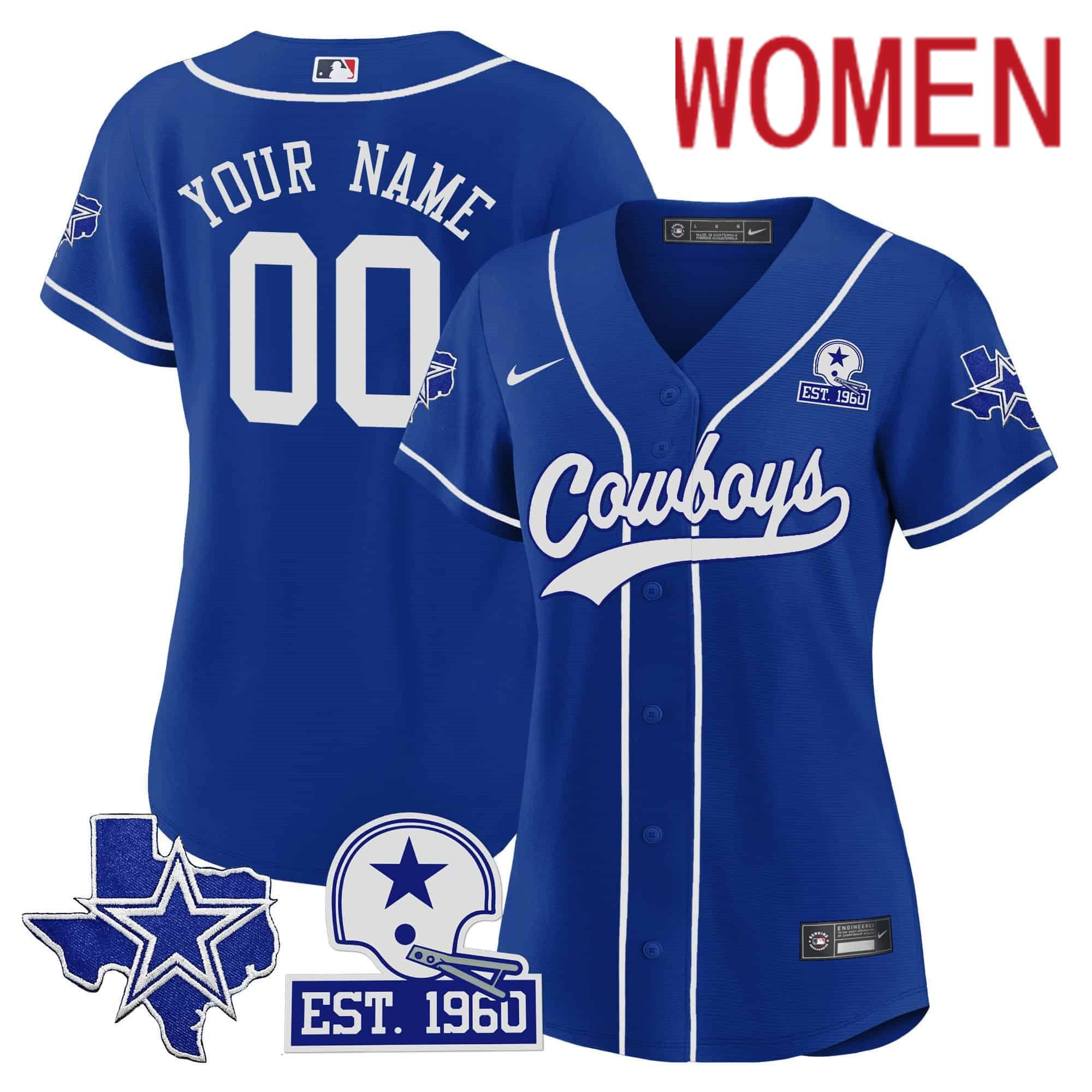 Women Dallas Cowboys Blue 2024 Nike Patch Baseball Custom NFL Jersey->women nfl jersey->Women Jersey